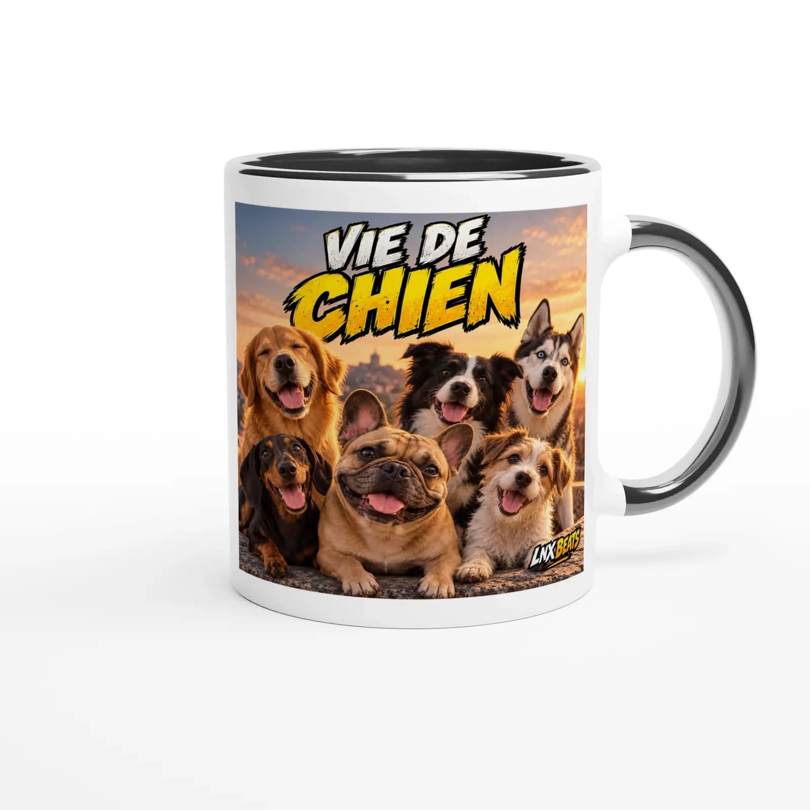 Mug Vie de chien avec six chiens devant un coucher de soleil